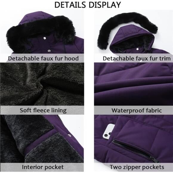 Women's Winter Puffer Coat Jacket Waterproof Purple - Picture 4 of 4